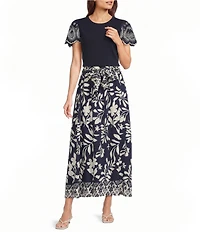 Calessa Woven Border Leaf Print A-Line Midi Skirt