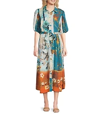 Calessa Woven Border Leaf Print Point collar Elbow Sleeve Button-Front Midi Dress