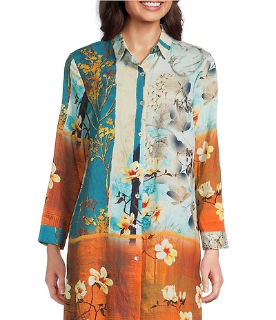Calessa Woven Border Leaves Print Point Collar Long Sleeve Button Front Duster Tunic
