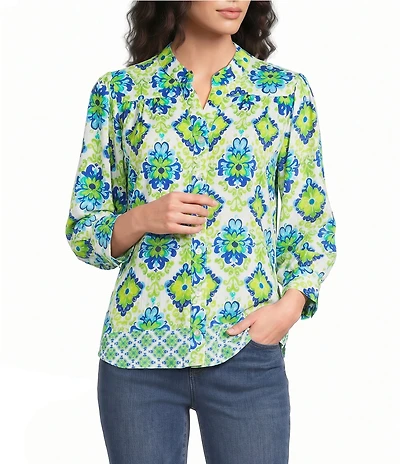 Calessa Woven Border Mosaic Patchwork Split Neck 3/4 Sleeve Tunic