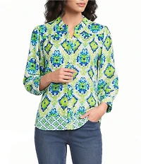 Calessa Woven Border Mosaic Patchwork Split Neck 3/4 Sleeve Tunic