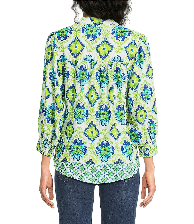 Calessa Woven Border Mosaic Patchwork Split Neck 3/4 Sleeve Tunic