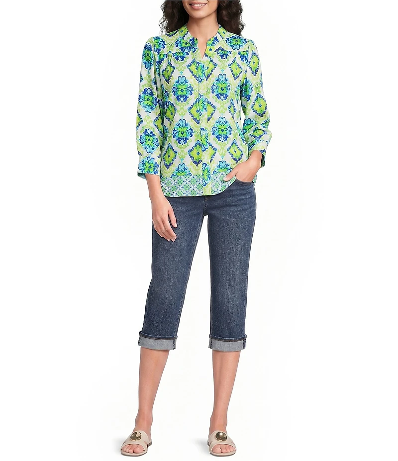 Calessa Woven Border Mosaic Patchwork Split Neck 3/4 Sleeve Tunic