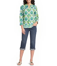 Calessa Woven Border Mosaic Patchwork Split Neck 3/4 Sleeve Tunic