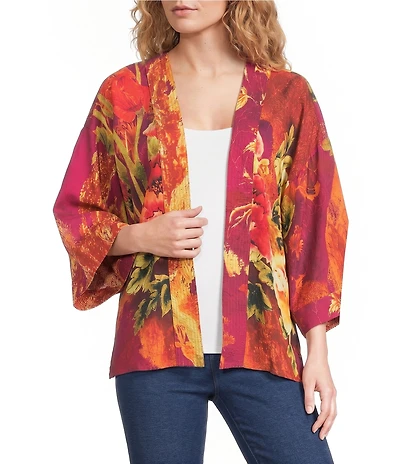 Calessa Woven Digital Print Drape Collar 3/4 Sleeve Open-Front Cardigan