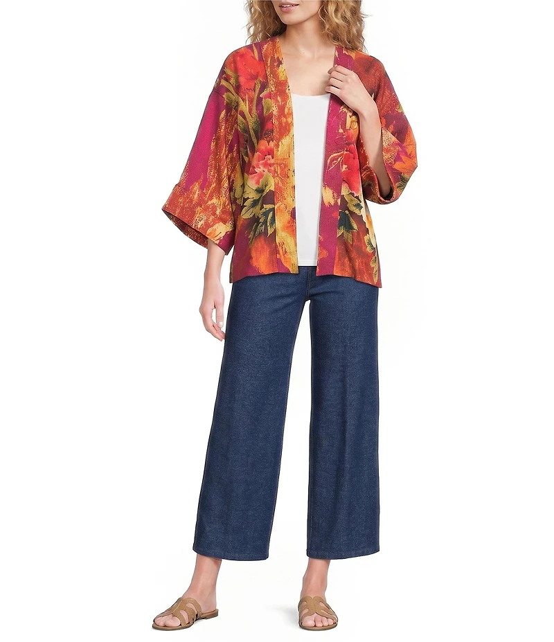 Calessa Woven Digital Print Drape Collar 3/4 Sleeve Open-Front Cardigan