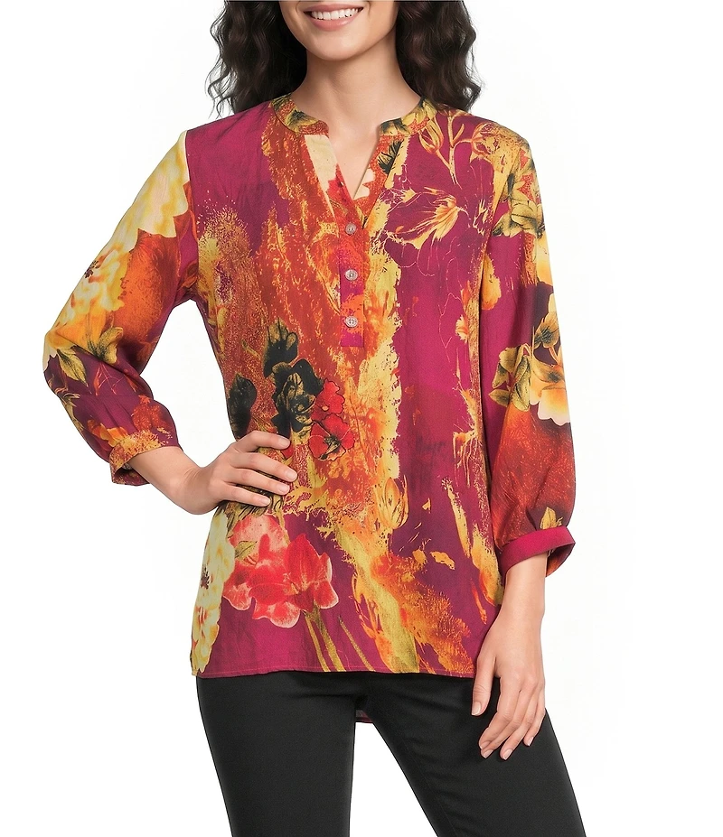 Calessa Woven Digital Print V-Neck 3/4 Sleeve Tunic