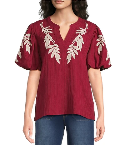 Calessa Woven Embroider Leaf Split V-Neck Elbow Length Puff Sleeve Top