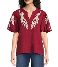 Calessa Woven Embroider Leaf Split V-Neck Elbow Length Puff Sleeve Top