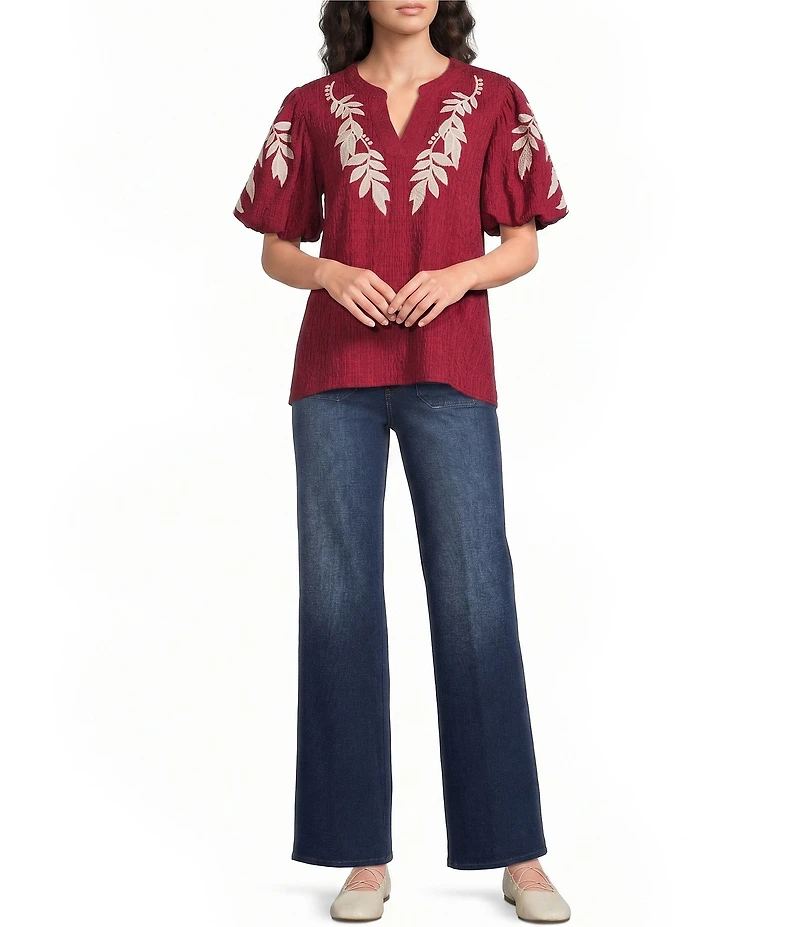 Calessa Woven Embroider Leaf Split V-Neck Elbow Length Puff Sleeve Top
