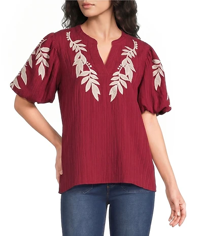 Calessa Woven Embroider Leaf Split V-Neck Elbow Length Puff Sleeve Top