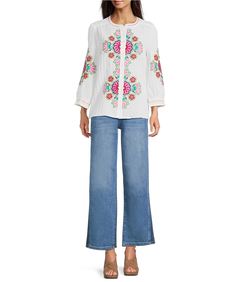 Calessa Woven Embroidered Patchwork Print Round Split V-Neck Long Sleeve Tunic