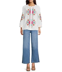 Calessa Woven Embroidered Patchwork Print Round Split V-Neck Long Sleeve Tunic