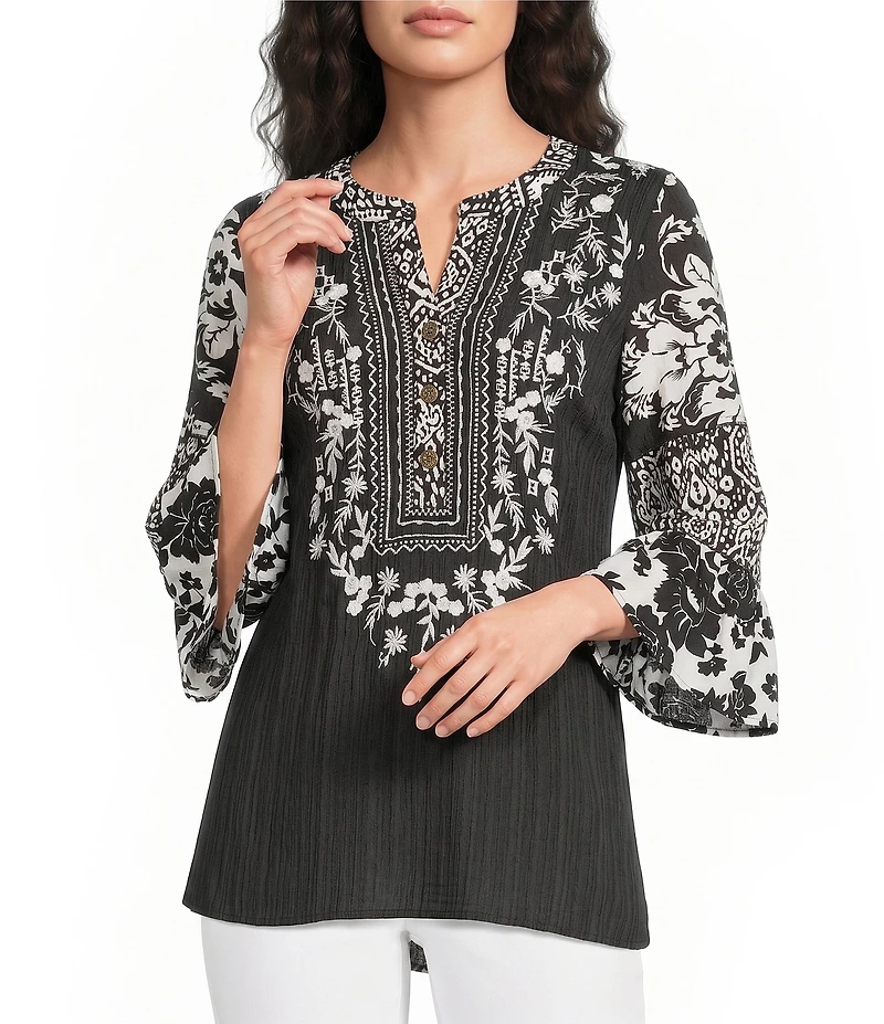 Calessa Woven Embroidered Patchwork Round Split V-Neck 3/4 Sleeve Tunic