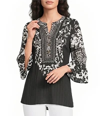 Calessa Woven Embroidered Patchwork Round Split V-Neck 3/4 Sleeve Tunic