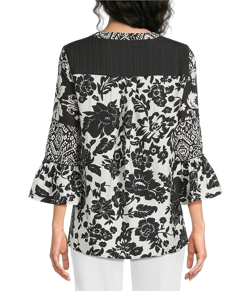 Calessa Woven Embroidered Patchwork Round Split V-Neck 3/4 Sleeve Tunic