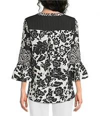Calessa Woven Embroidered Patchwork Round Split V-Neck 3/4 Sleeve Tunic