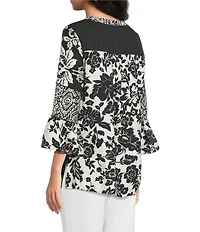 Calessa Woven Embroidered Patchwork Round Split V-Neck 3/4 Sleeve Tunic