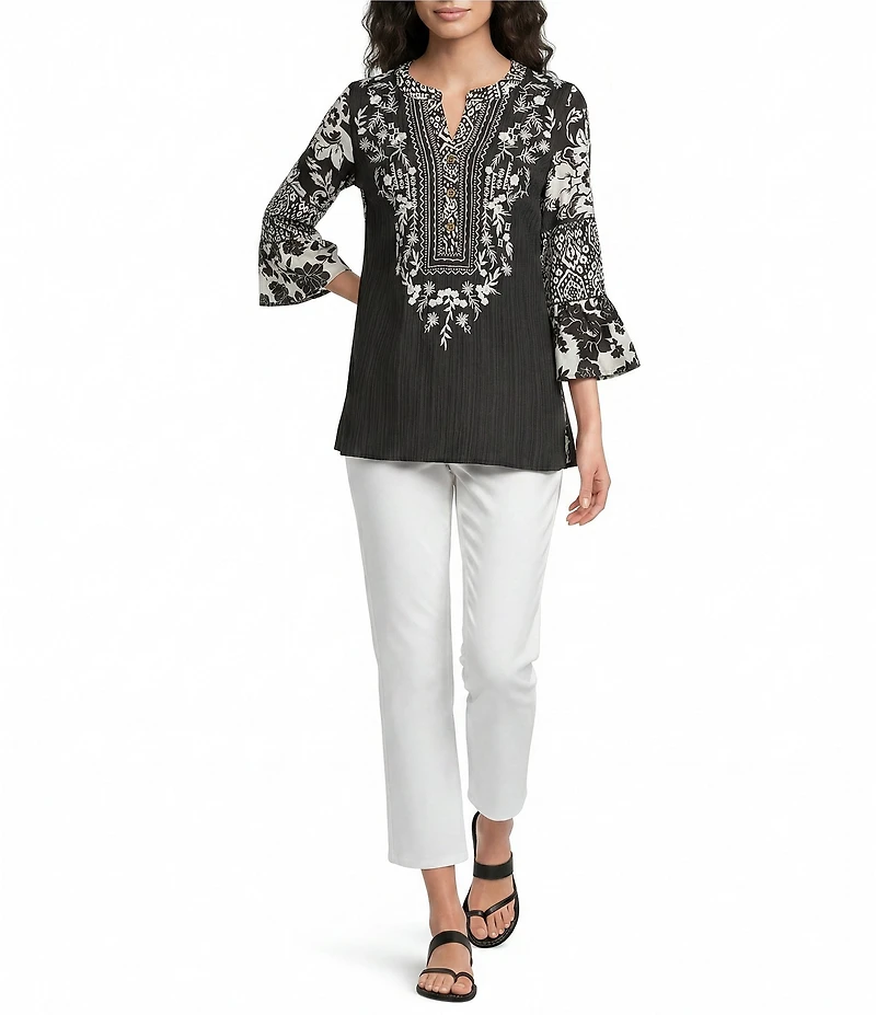 Calessa Woven Embroidered Patchwork Round Split V-Neck 3/4 Sleeve Tunic