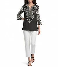 Calessa Woven Embroidered Patchwork Round Split V-Neck 3/4 Sleeve Tunic