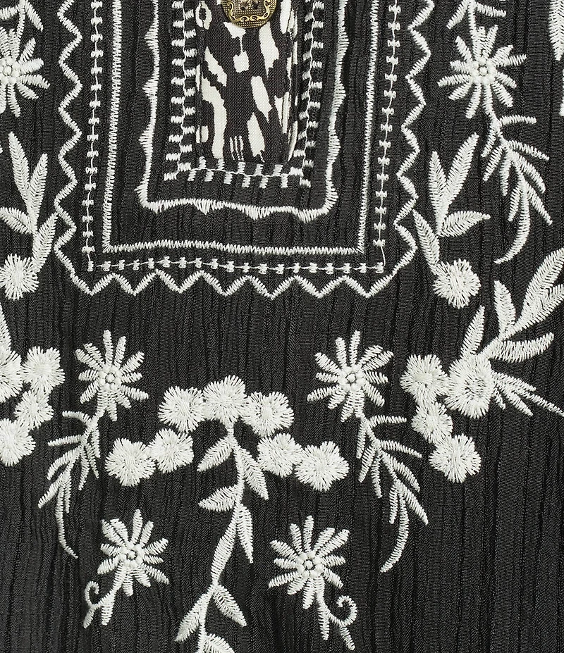 Calessa Woven Embroidered Patchwork Round Split V-Neck 3/4 Sleeve Tunic