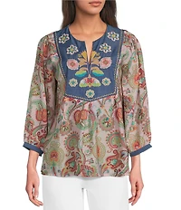Calessa Woven Embroidered Patchwork Split Tie Neck 3/4 Sleeve Tunic