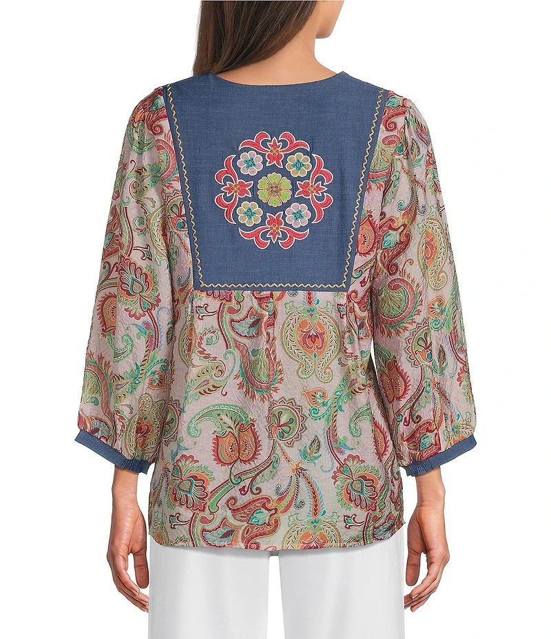Calessa Woven Embroidered Patchwork Split Tie Neck 3/4 Sleeve Tunic