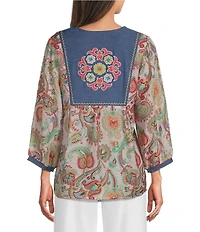 Calessa Woven Embroidered Patchwork Split Tie Neck 3/4 Sleeve Tunic