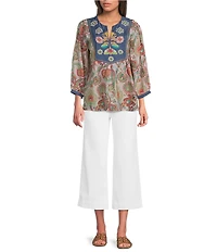 Calessa Woven Embroidered Patchwork Split Tie Neck 3/4 Sleeve Tunic