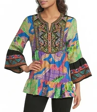 Calessa Woven Embroidered Patchwork Split V-Neck 3/4 Bell Sleeve Tunic