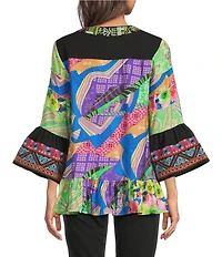 Calessa Woven Embroidered Patchwork Split V-Neck 3/4 Bell Sleeve Tunic