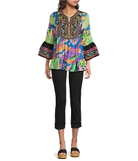 Calessa Woven Embroidered Patchwork Split V-Neck 3/4 Bell Sleeve Tunic
