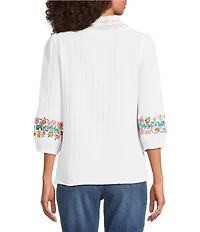 Calessa Woven Embroidered Patchwork Stand Split V-Neck 3/4 Sleeve Tunic