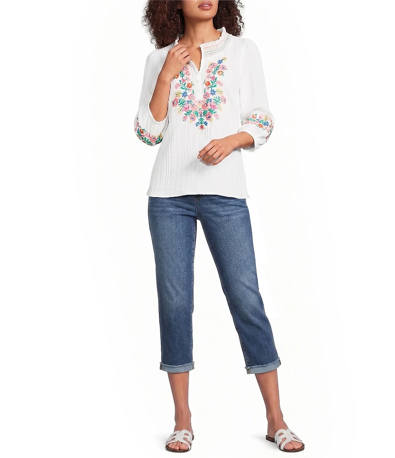 Calessa Woven Embroidered Patchwork Stand Split V-Neck 3/4 Sleeve Tunic