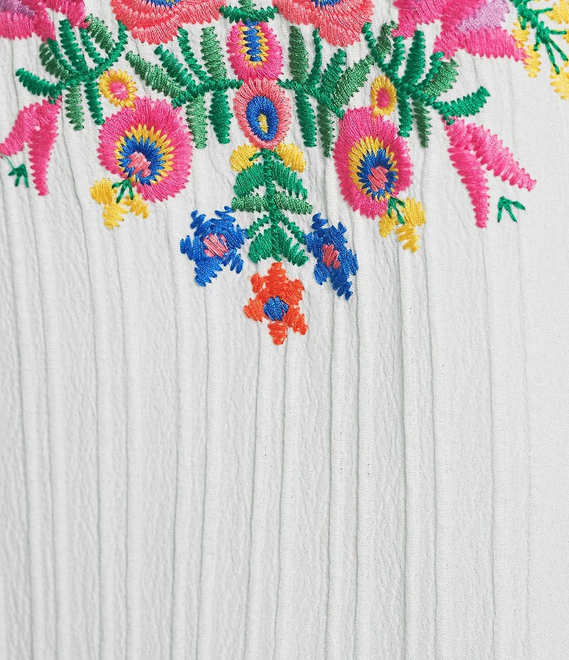 Calessa Woven Embroidered Patchwork Stand Split V-Neck 3/4 Sleeve Tunic