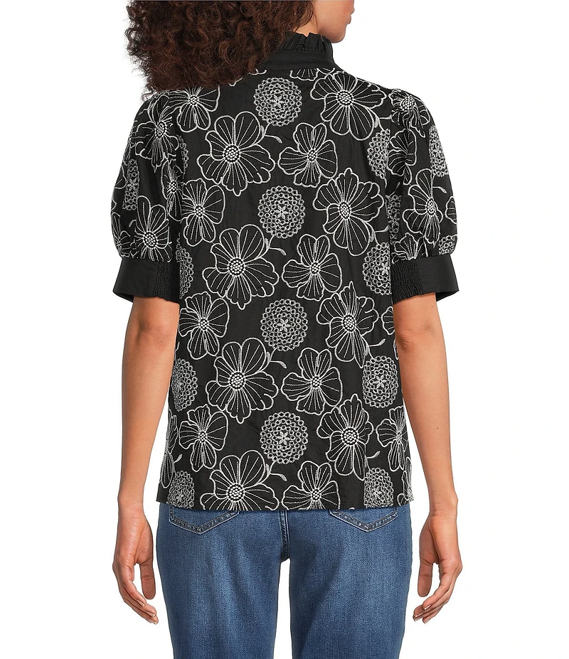 Calessa Woven Embroidered Split Neck Band Elbow Puff Sleeve Tunic
