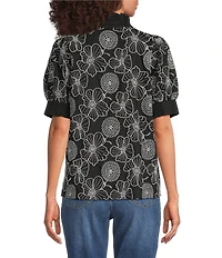 Calessa Woven Embroidered Split Neck Band Elbow Puff Sleeve Tunic