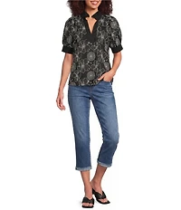 Calessa Woven Embroidered Split Neck Band Elbow Puff Sleeve Tunic