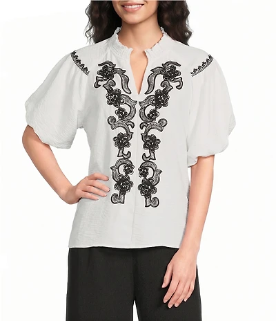 Calessa Woven Embroidered Split V-Neck 3/4 Raglan Sleeve Tunic