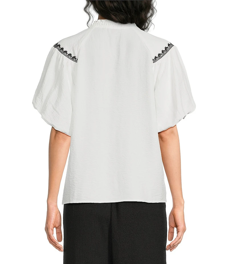 Calessa Woven Embroidered Split V-Neck 3/4 Raglan Sleeve Tunic