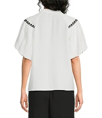 Calessa Woven Embroidered Split V-Neck 3/4 Raglan Sleeve Tunic