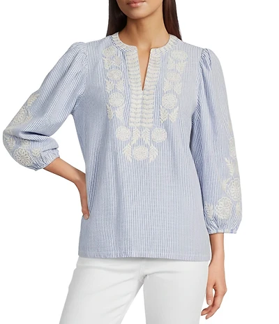 Calessa Woven Embroidered Split V-Neck 3/4 Sleeve Tunic