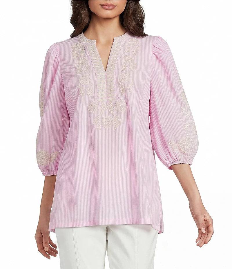 Calessa Woven Embroidered Split V-Neck 3/4 Sleeve Tunic