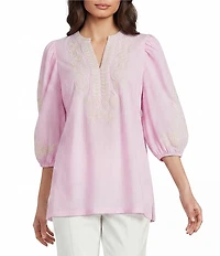 Calessa Woven Embroidered Split V-Neck 3/4 Sleeve Tunic