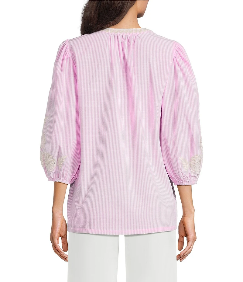 Calessa Woven Embroidered Split V-Neck 3/4 Sleeve Tunic