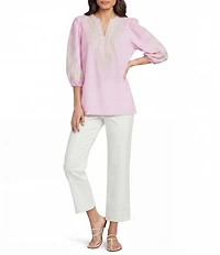 Calessa Woven Embroidered Split V-Neck 3/4 Sleeve Tunic