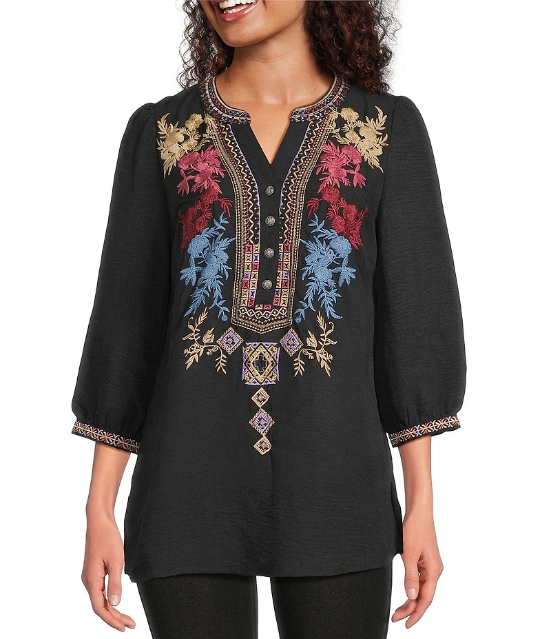 Calessa Woven Embroidered Split V-Neck 3/4 Sleeve Tunic