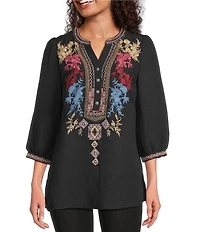 Calessa Woven Embroidered Split V-Neck 3/4 Sleeve Tunic