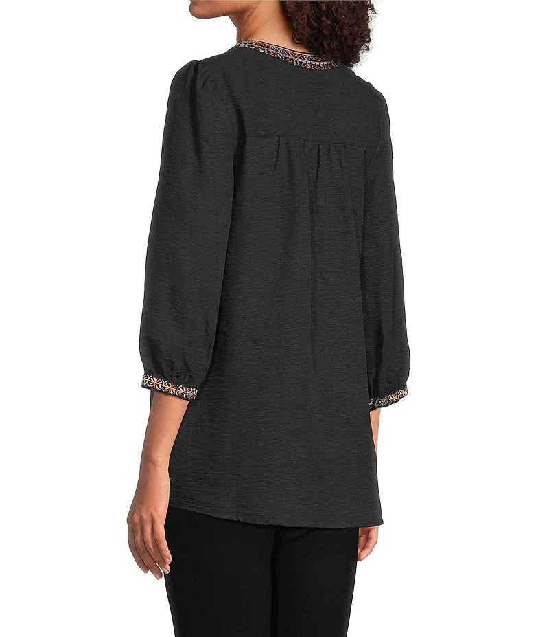 Calessa Woven Embroidered Split V-Neck 3/4 Sleeve Tunic