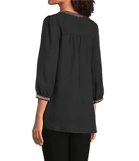 Calessa Woven Embroidered Split V-Neck 3/4 Sleeve Tunic